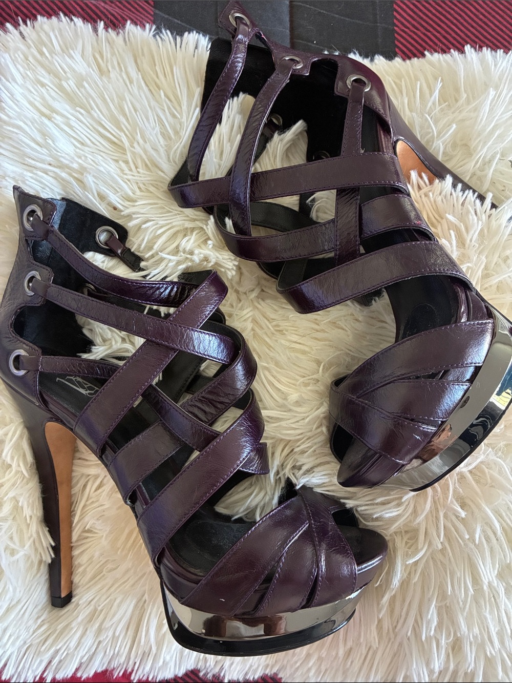 Velvet Angels Deep Purple Strappy Platform Stiletto Heels